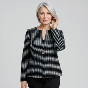 Misook Cardigan Knit Blazer  Black Aqua Blue Textured Wave Knit Pattern Acrylic